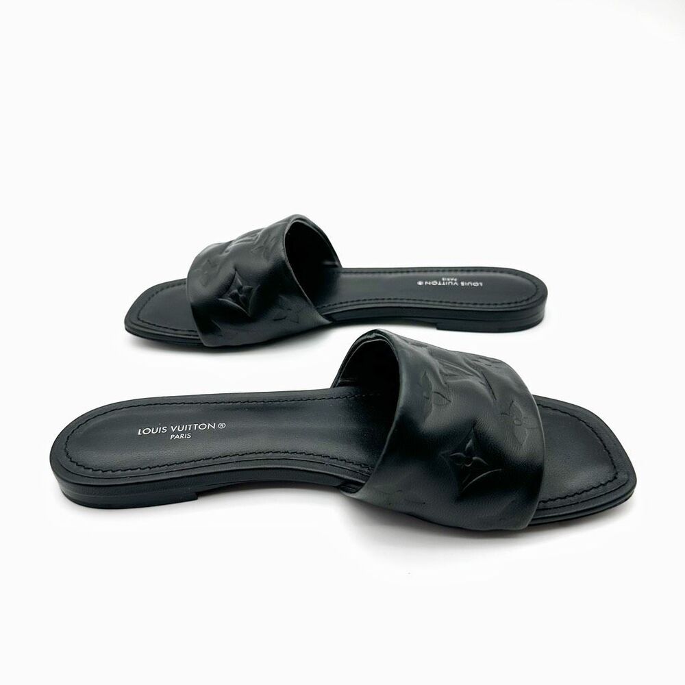 LOUIS VUITTON Embossed Monogram Revival Flat Mules Size 37 Black Logo Slides - Picture 10 of 12